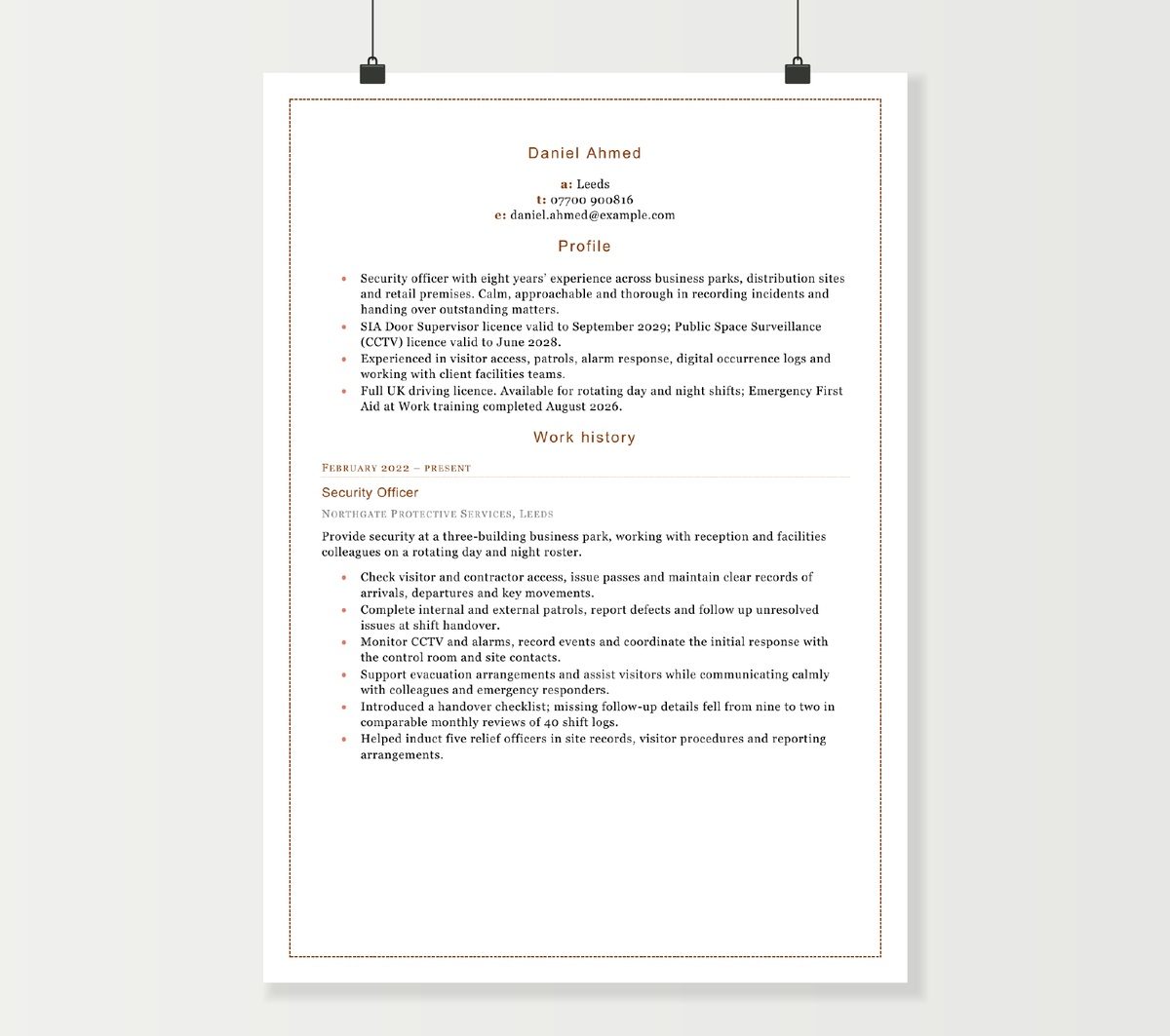Security officer CV preview showing Daniel Ahmed’s SIA licences and site-security experience