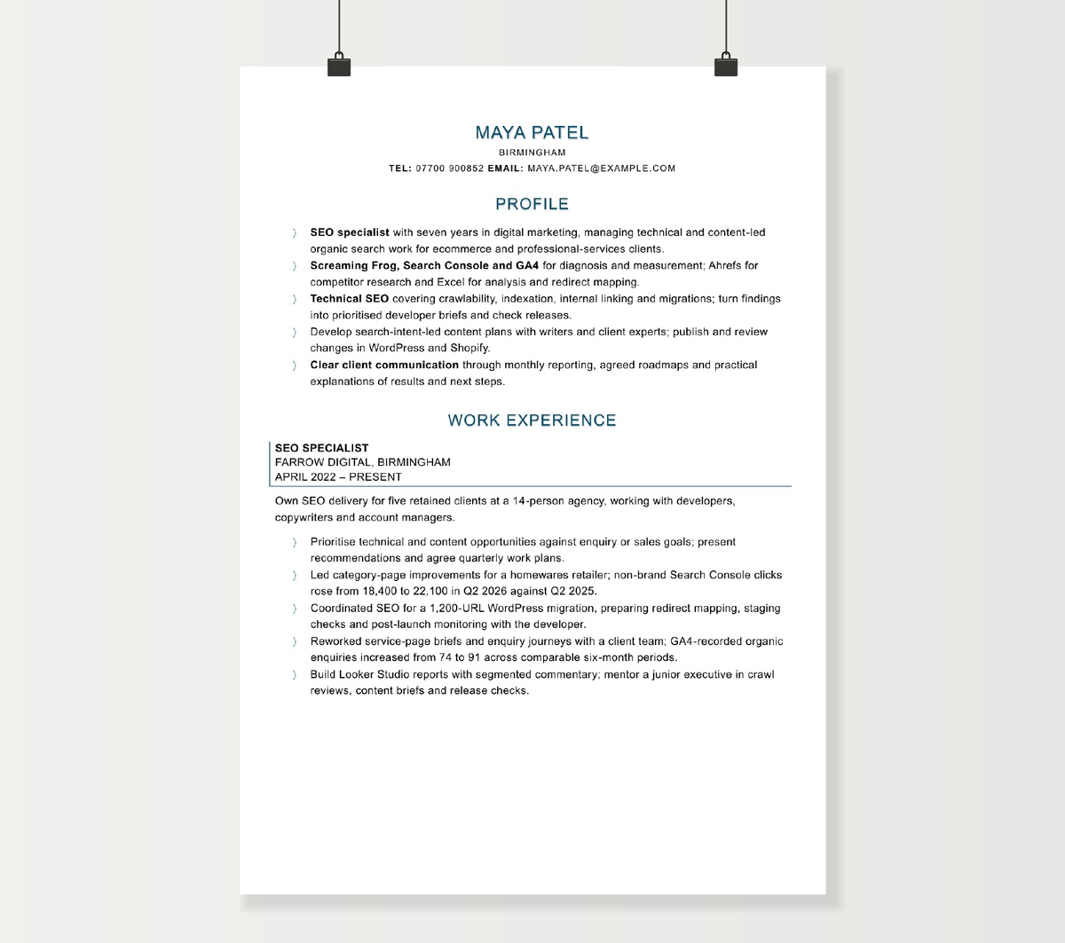 SEO specialist CV preview showing Maya Patel’s technical SEO skills and agency experience