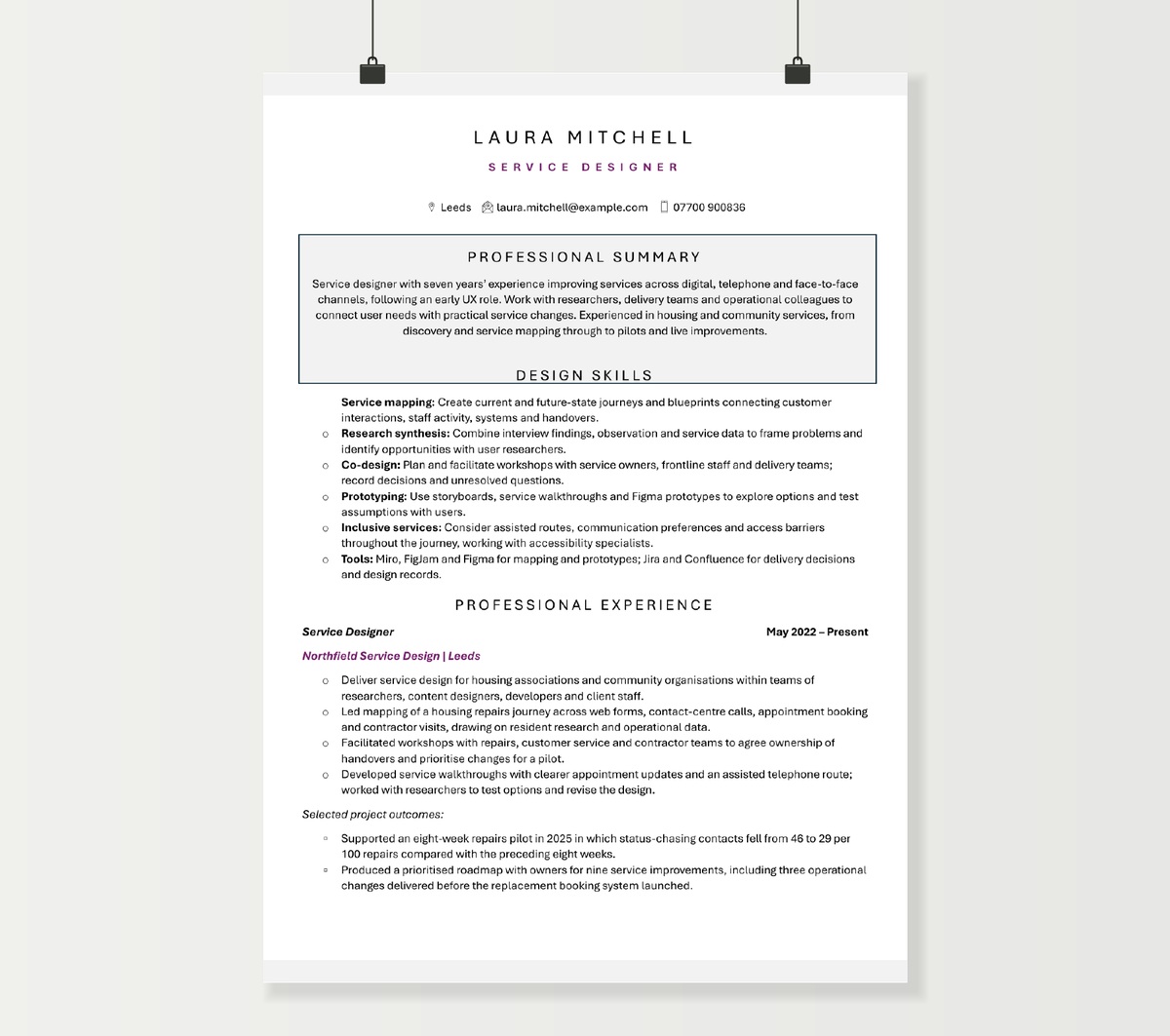First page of Laura Mitchell’s service designer CV, showing her design skills and housing repairs project experience