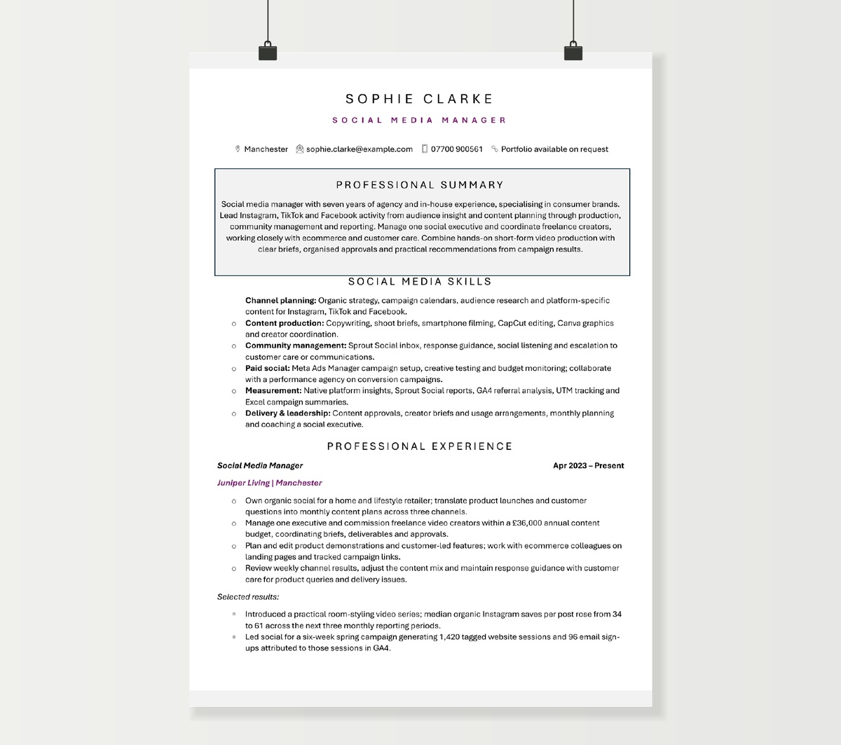 Social media manager CV preview showing Sophie Clarke’s profile, channel skills and campaign experience in the purple Word design