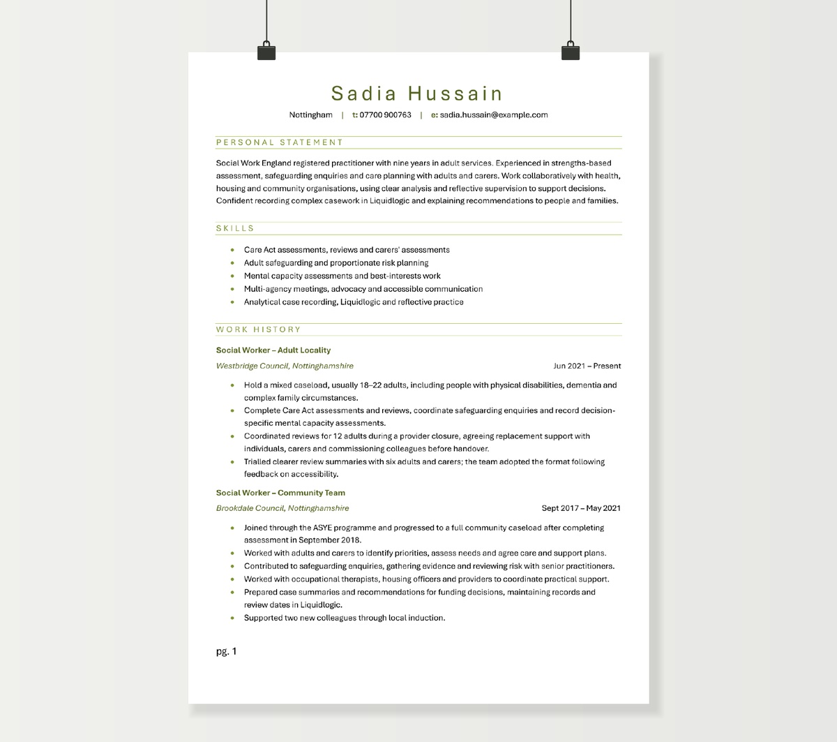 Social worker CV preview showing Sadia Hussain’s adult-services experience in the green Word template