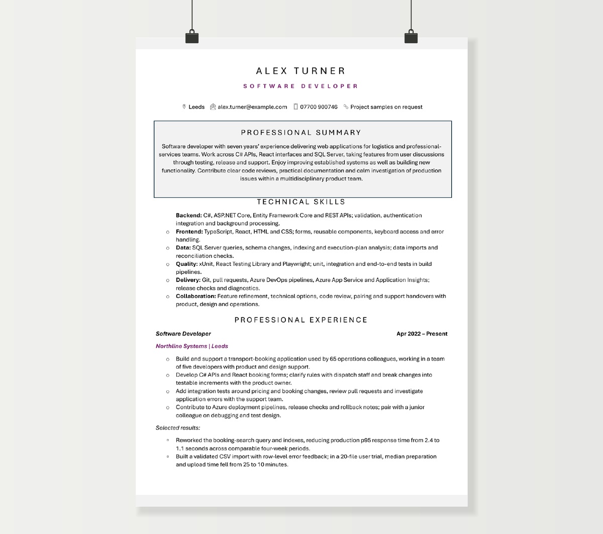Alex Turner’s software developer CV, showing technical skills and application development experience in the purple Word design