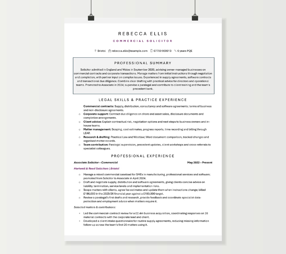 Page one of Rebecca Ellis’s commercial solicitor CV, with purple headings, legal skills and selected matters