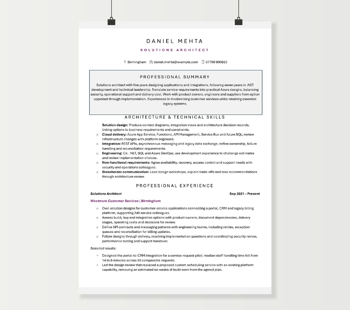 Page one of Daniel Mehta’s solutions architect CV, showing architecture skills and Azure integration experience