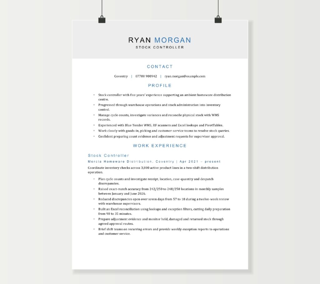 First page of Ryan Morgan’s stock controller CV, showing inventory skills and distribution experience