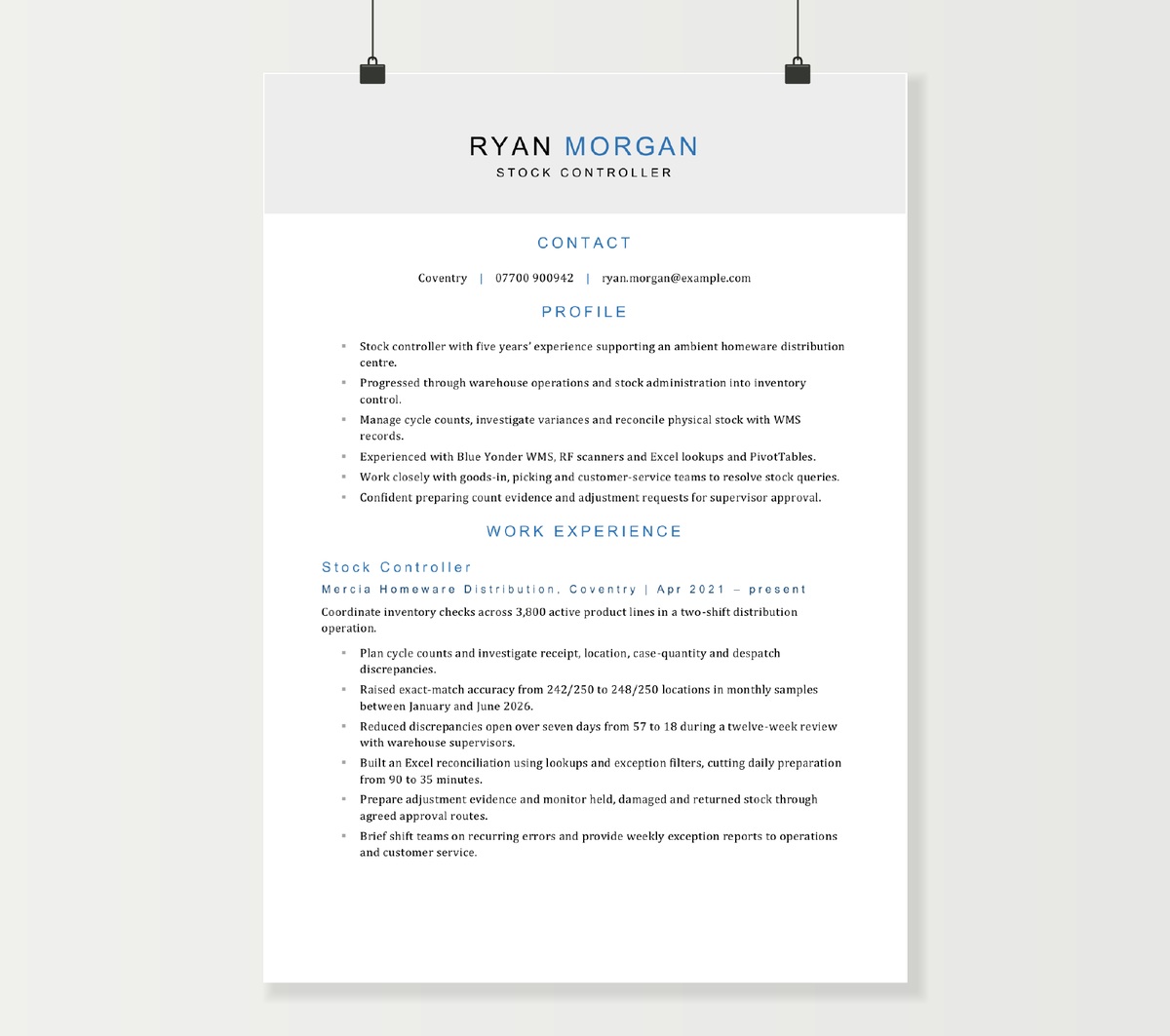 First page of Ryan Morgan’s stock controller CV, showing inventory skills and distribution experience