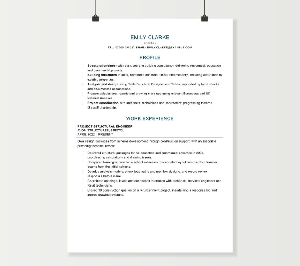 Two-page structural engineer CV for Emily Clarke, showing project experience, qualifications and professional development