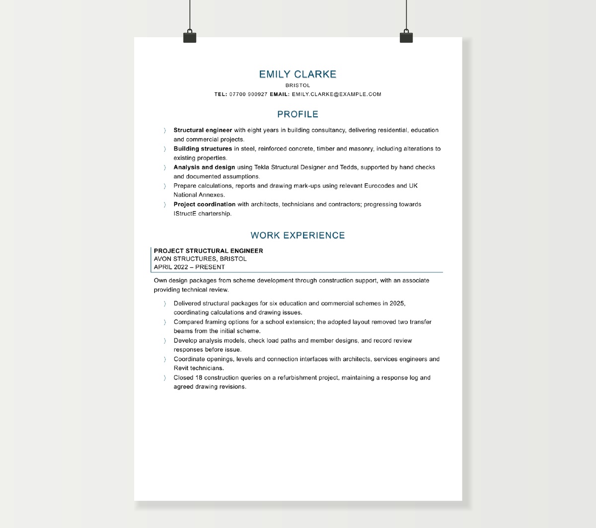 Two-page structural engineer CV for Emily Clarke, showing project experience, qualifications and professional development