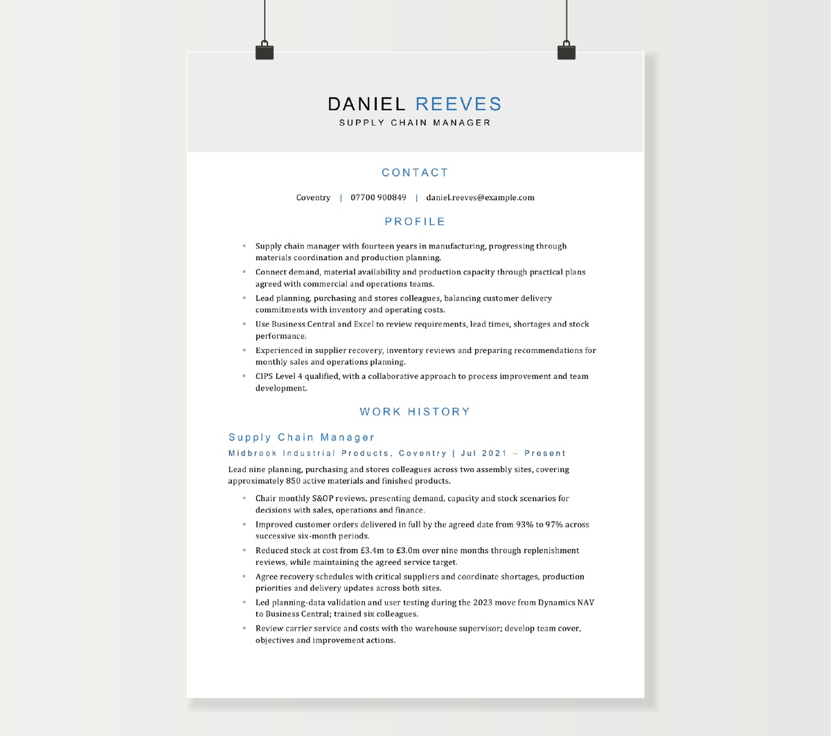 Supply chain manager CV preview showing Daniel Reeves’s profile and manufacturing supply-chain experience