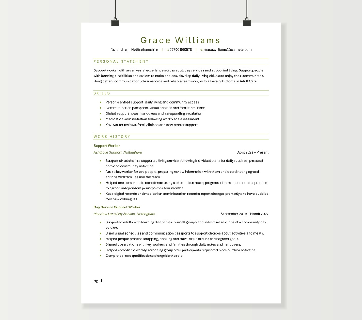 First page of Grace Williams’s support worker CV, showing supported living experience in the green Word template