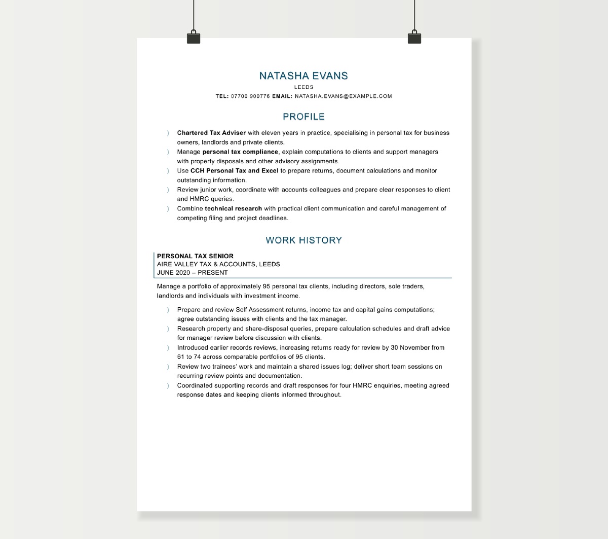 Tax specialist CV preview showing Natasha Evans’s personal tax experience and qualifications