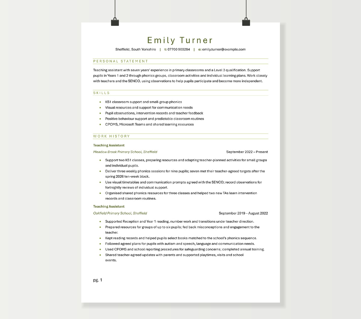 First page of Emily Turner’s teaching assistant CV, with green headings, classroom skills and primary-school experience