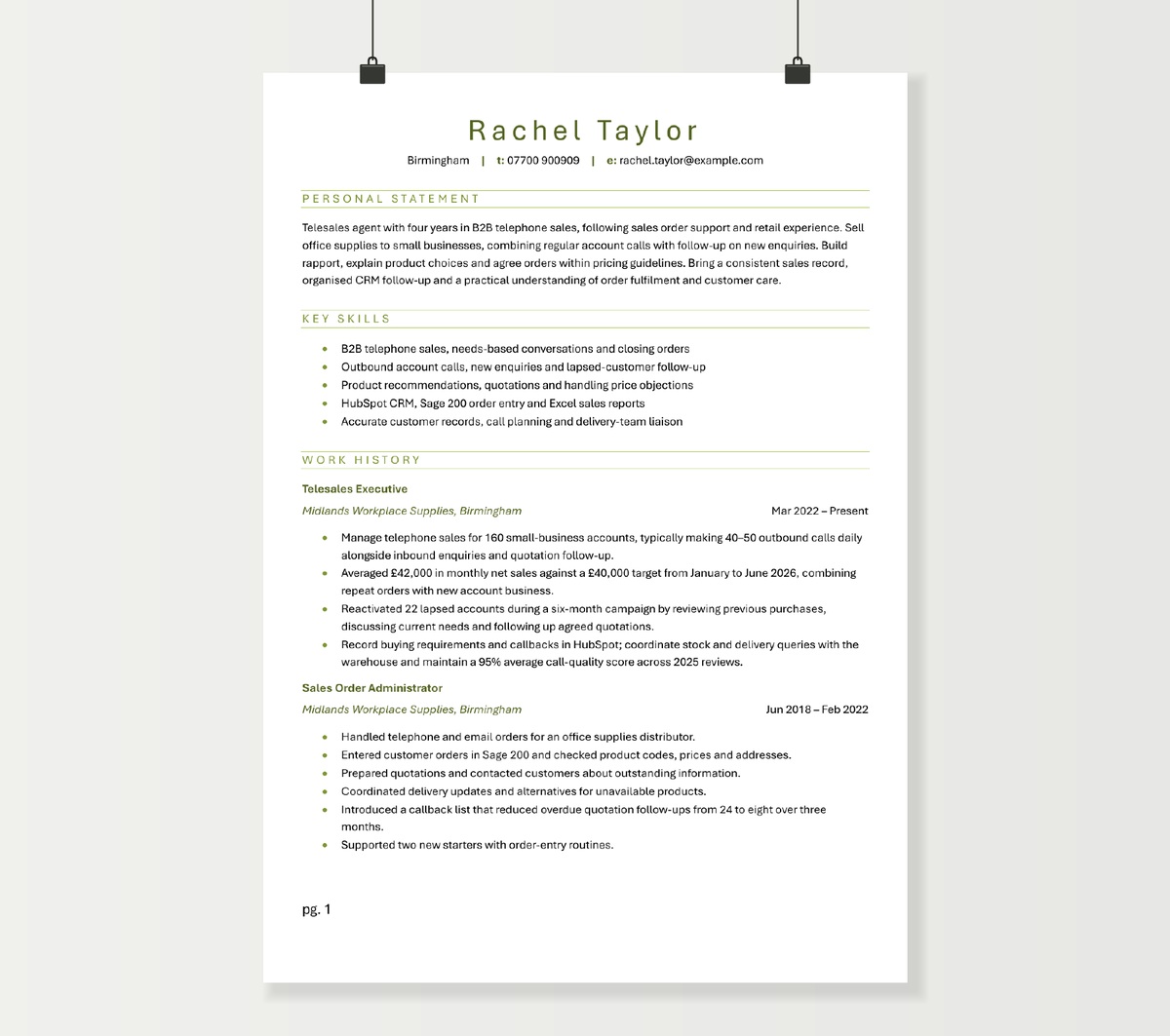 First page of Rachel Taylor’s telesales agent CV, showing her profile, sales skills and recent telephone sales experience