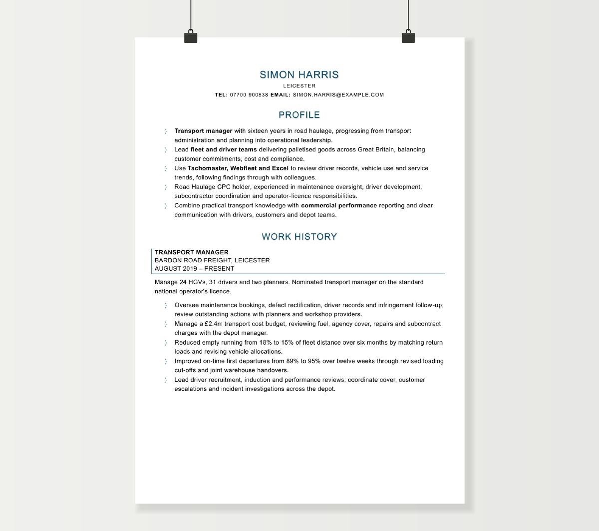 Transport manager CV preview showing Simon Harris’s profile and fleet management experience