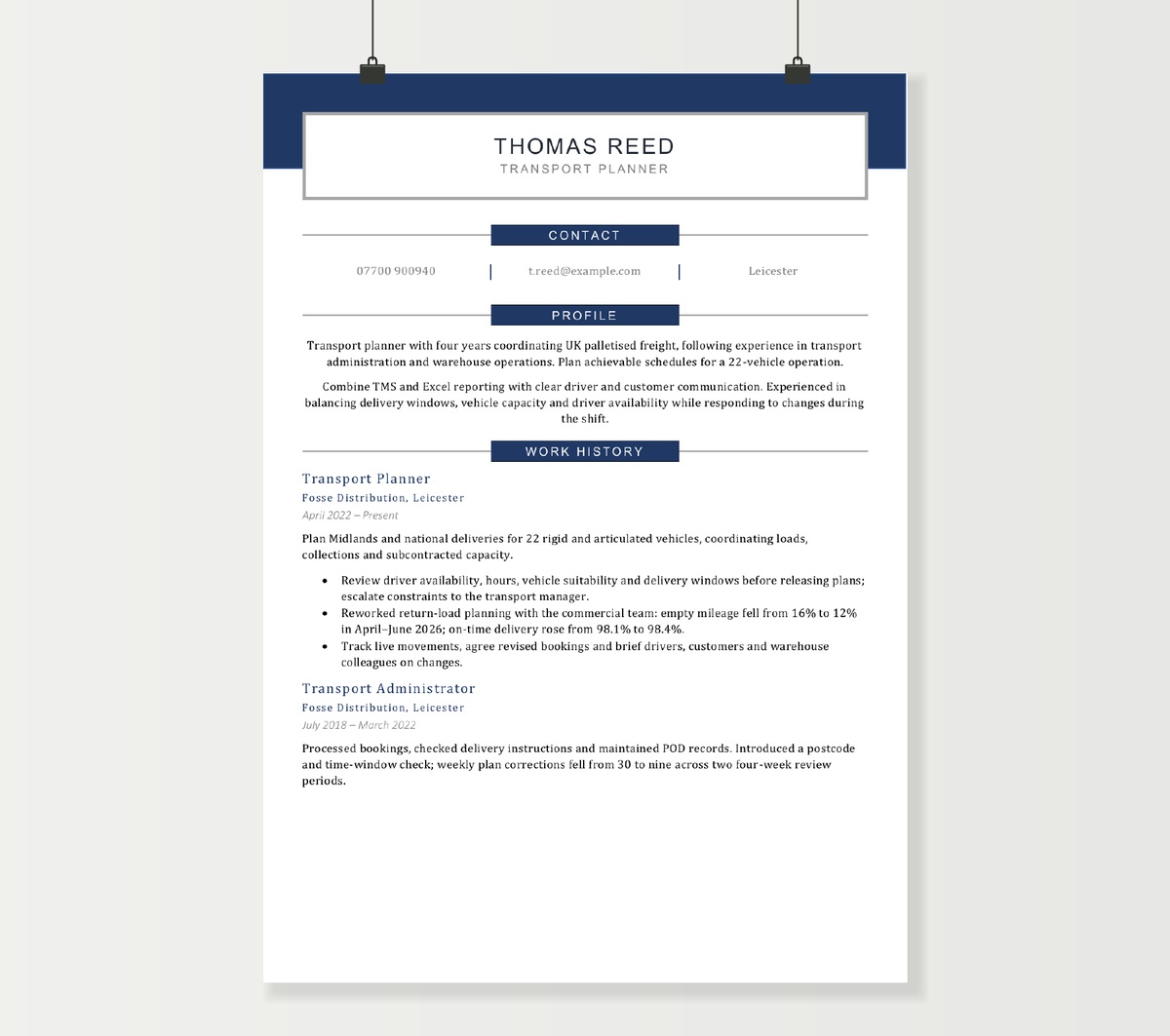 Transport planner CV example showing Thomas Reed’s experience in UK road-haulage planning