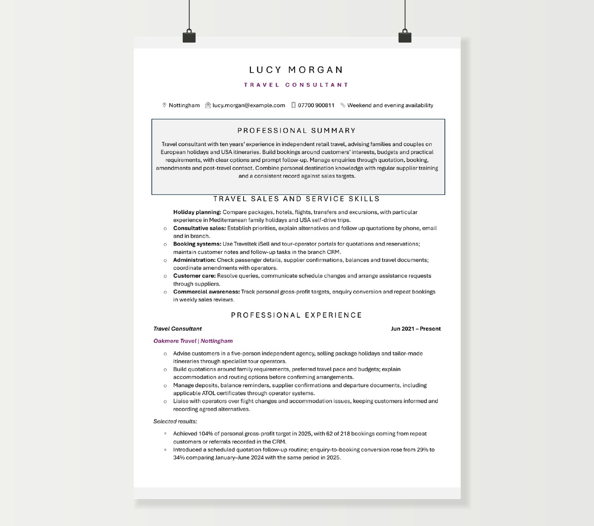 First page of Lucy Morgan’s travel consultant CV, showing travel sales, booking systems and customer-care experience
