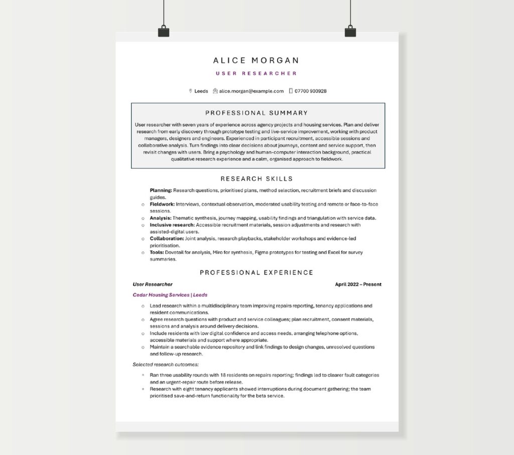 Two-page user researcher CV for Alice Morgan, showing research skills, project outcomes and qualifications