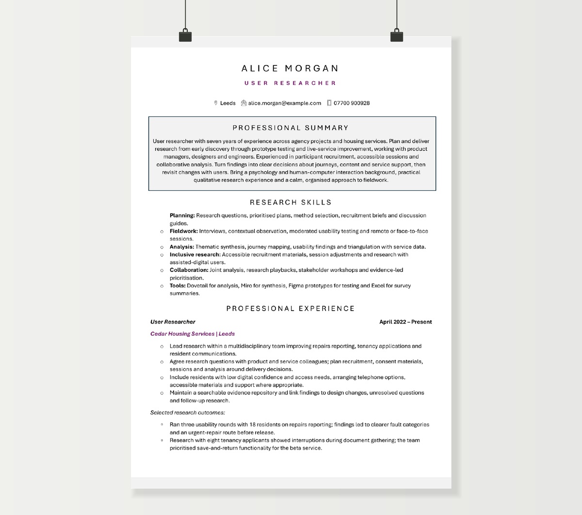 Two-page user researcher CV for Alice Morgan, showing research skills, project outcomes and qualifications
