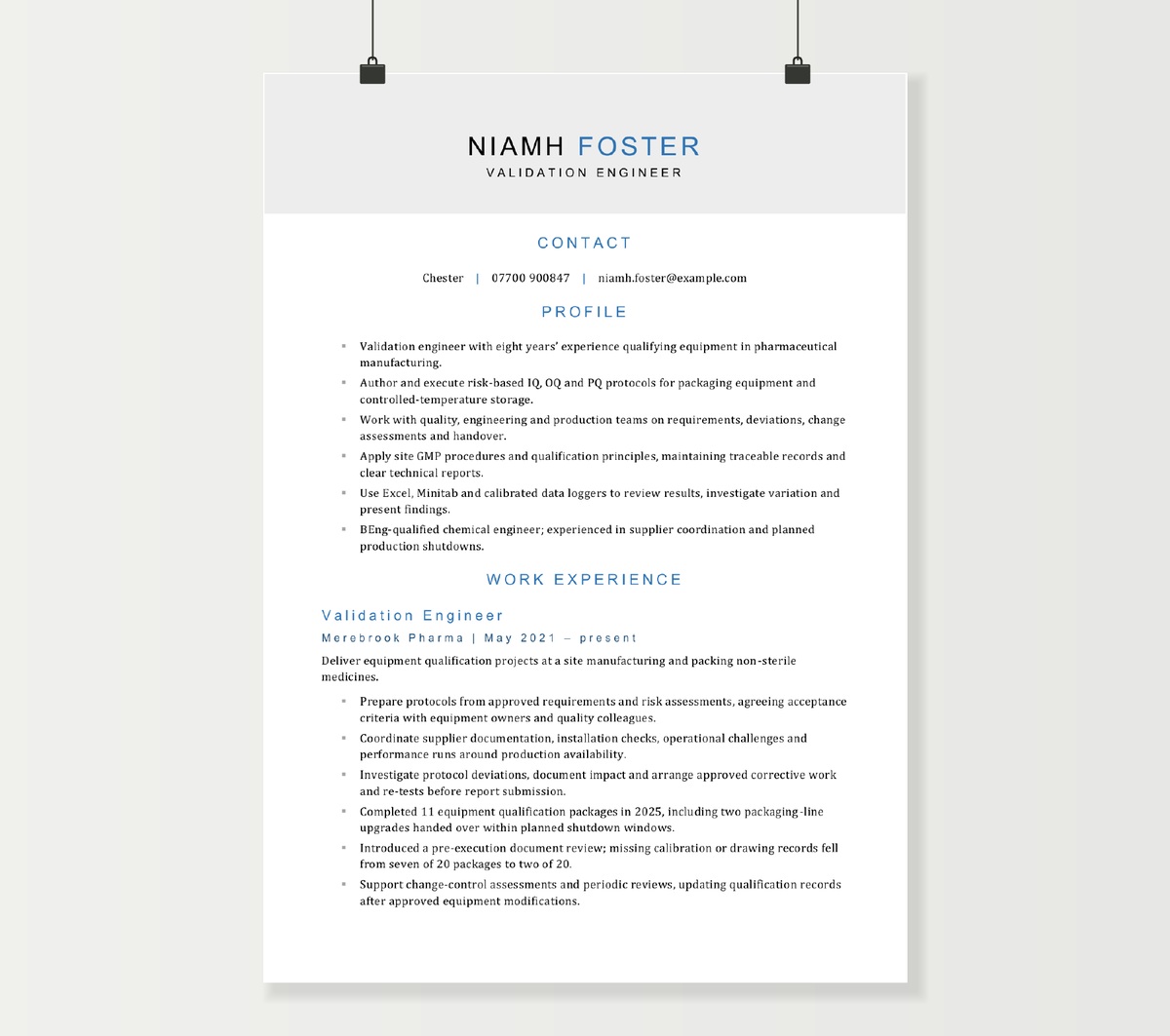 Two-page validation engineer CV showing Niamh Foster’s equipment qualification experience and engineering development