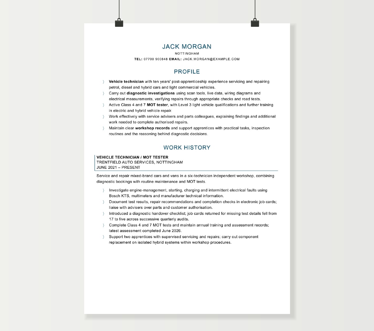 Vehicle technician CV preview showing Jack Morgan’s profile, diagnostic experience and workshop qualifications