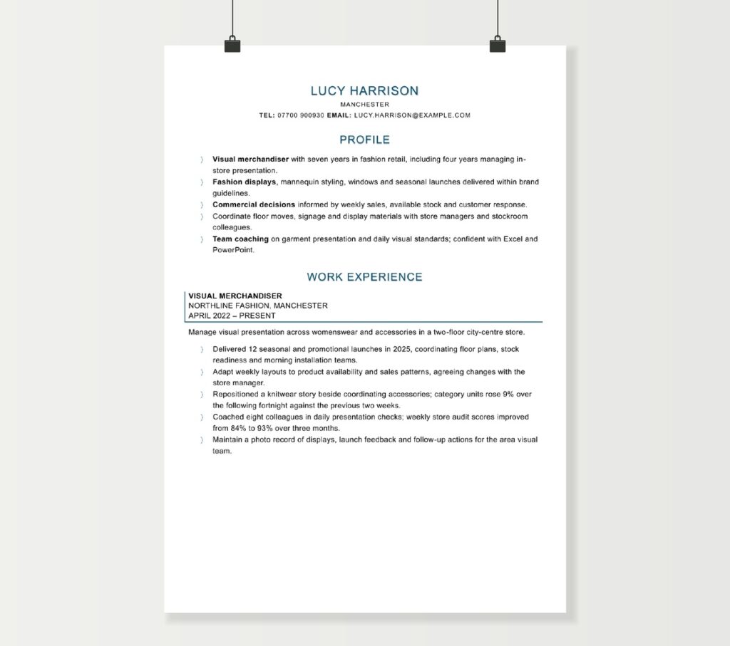 Lucy Harrison’s visual merchandiser CV showing retail experience, display work and commercial achievements