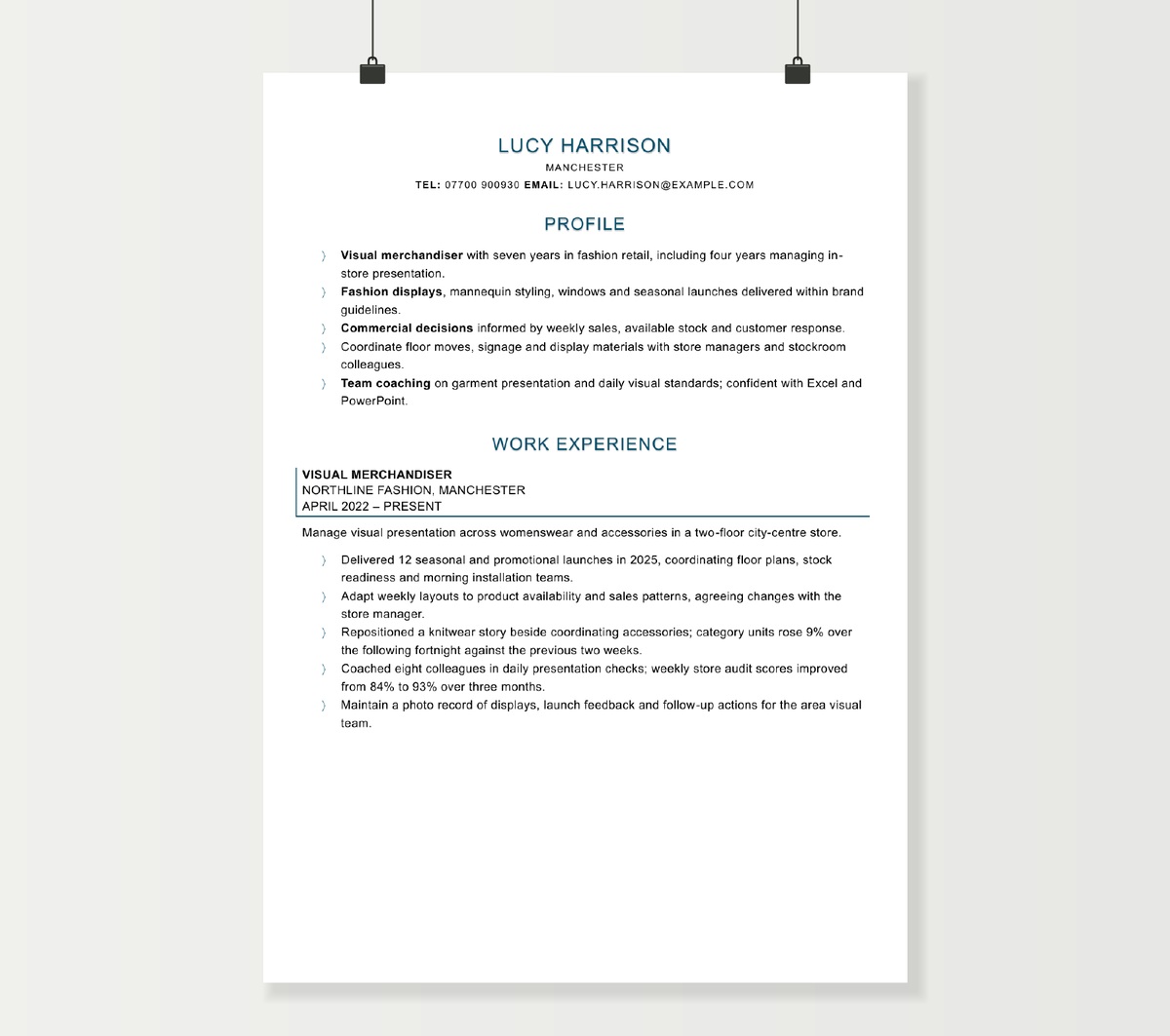 Lucy Harrison’s visual merchandiser CV showing retail experience, display work and commercial achievements