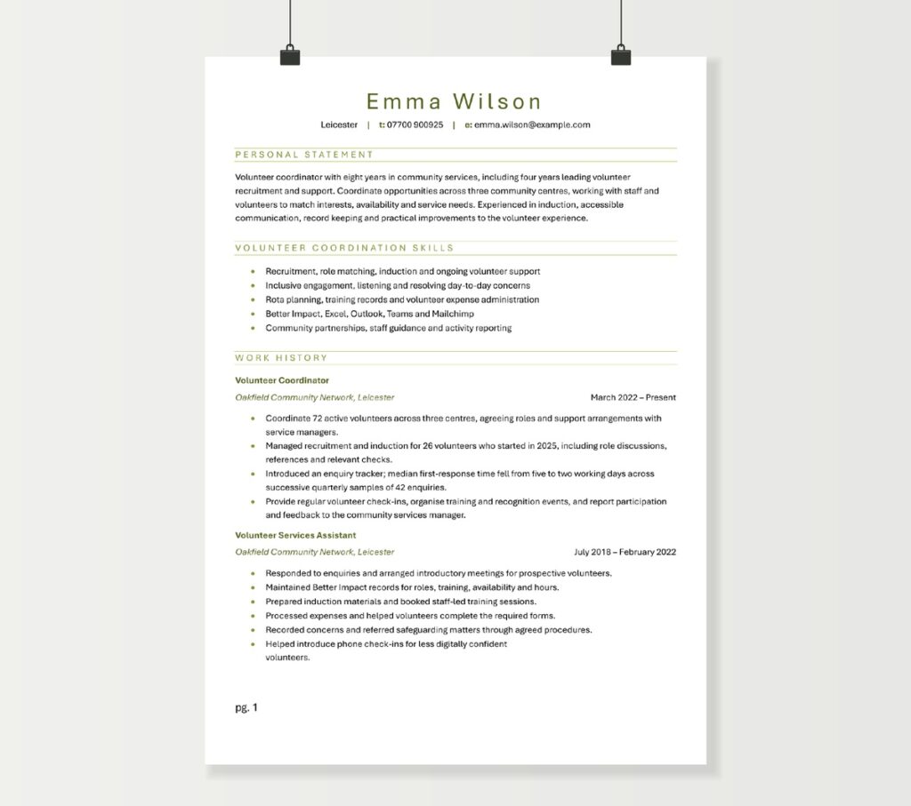 Two-page volunteer coordinator CV showing Emma Wilson’s recruitment, volunteer support and community services experience