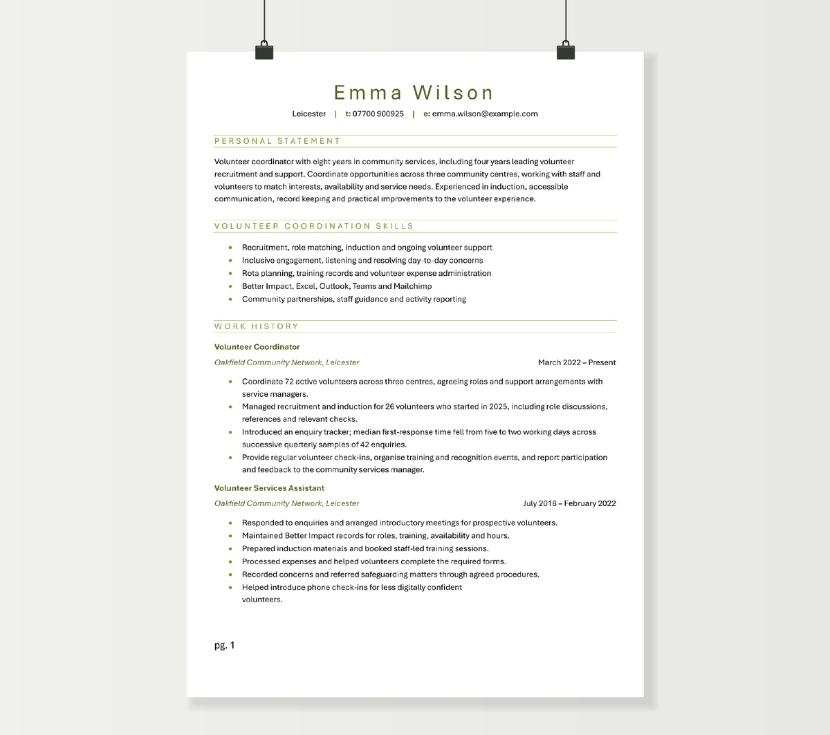 Two-page volunteer coordinator CV showing Emma Wilson’s recruitment, volunteer support and community services experience