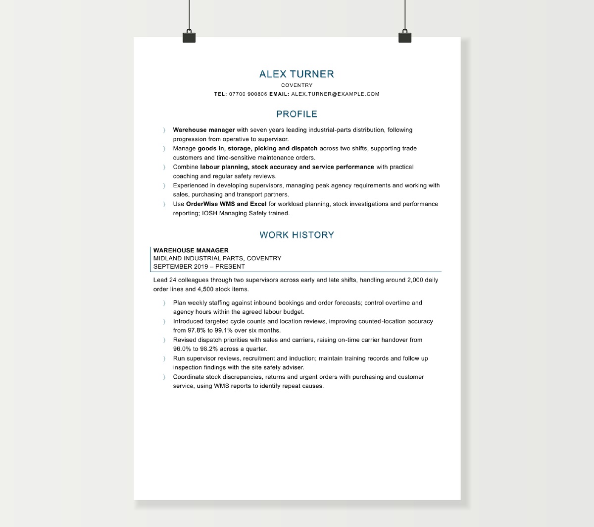 Preview of Alex Turner’s warehouse manager CV showing the profile and distribution management experience in the blue-accent design