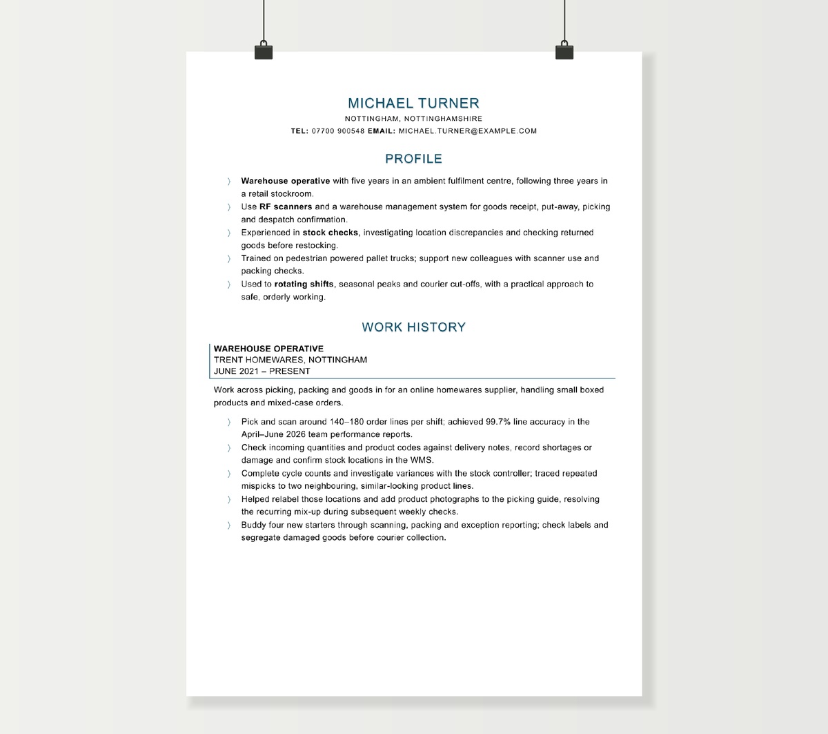 Warehouse operative CV preview showing Michael Turner’s profile and fulfilment experience in the blue Word design