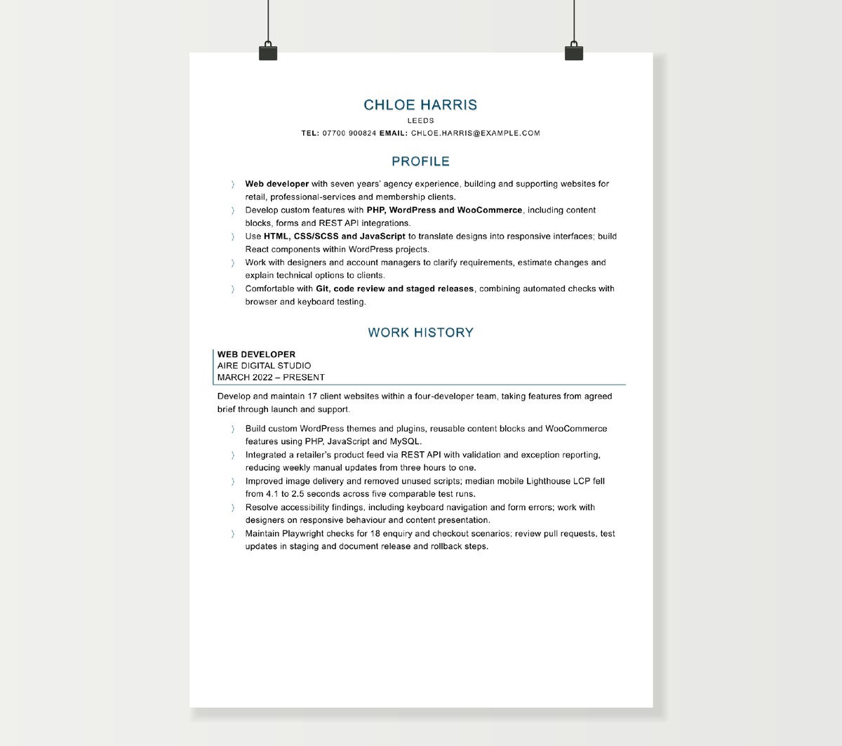 Page one of Chloe Harris’s web developer CV, showing PHP, WordPress and agency project experience