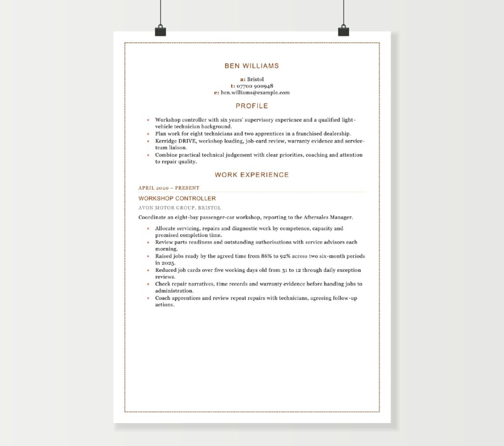 Workshop controller CV showing Ben Williams’s technician leadership and workshop planning experience