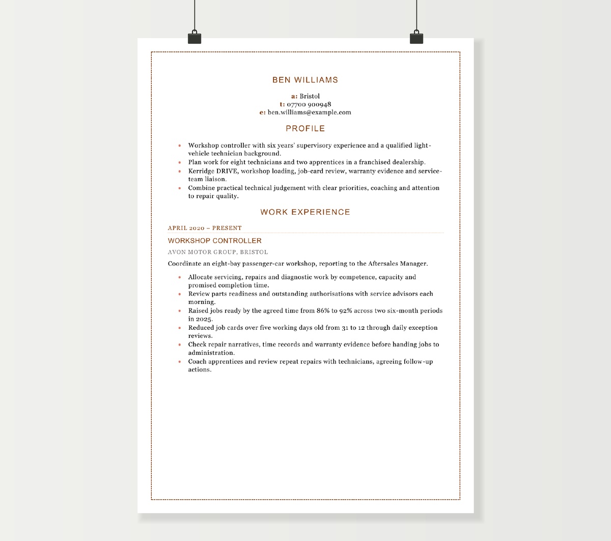 Workshop controller CV showing Ben Williams’s technician leadership and workshop planning experience