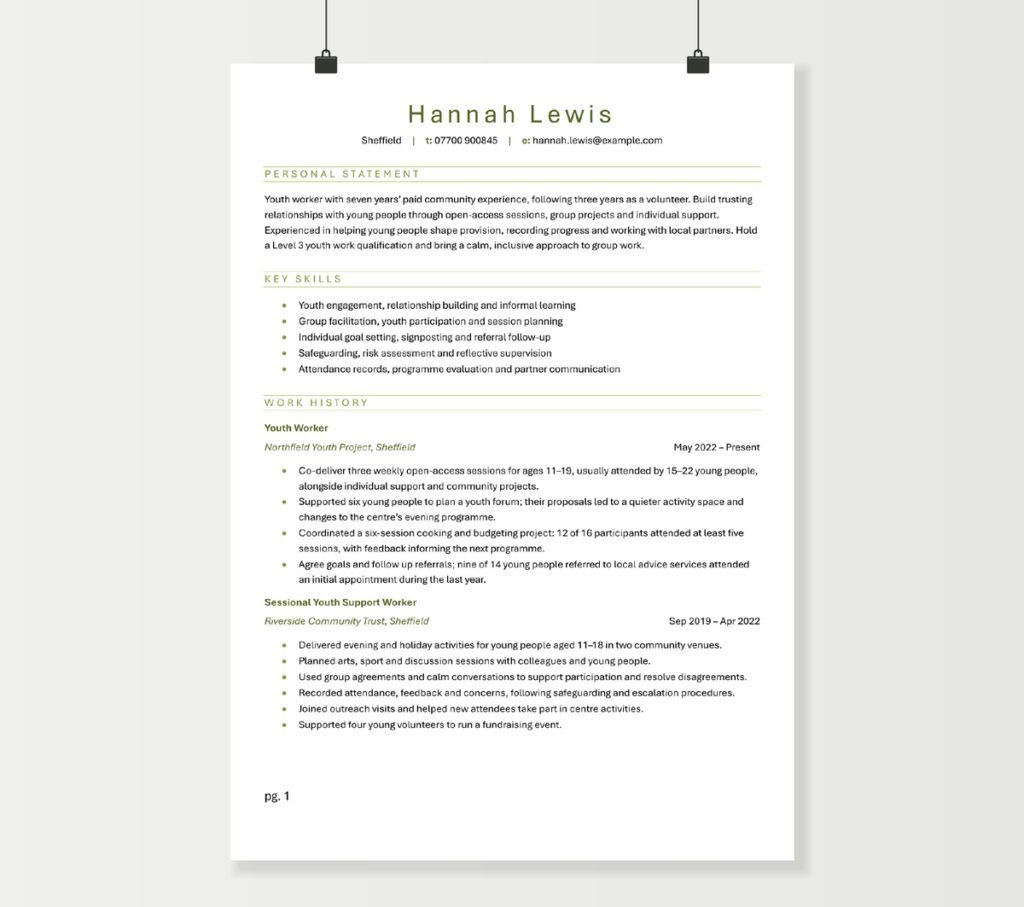 Two-page youth worker CV showing Hannah Lewis’s experience, qualifications and community youth work skills